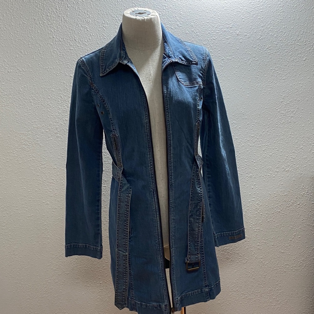 Vintage denim trench Y2K belted jacket women size M 98% cotton